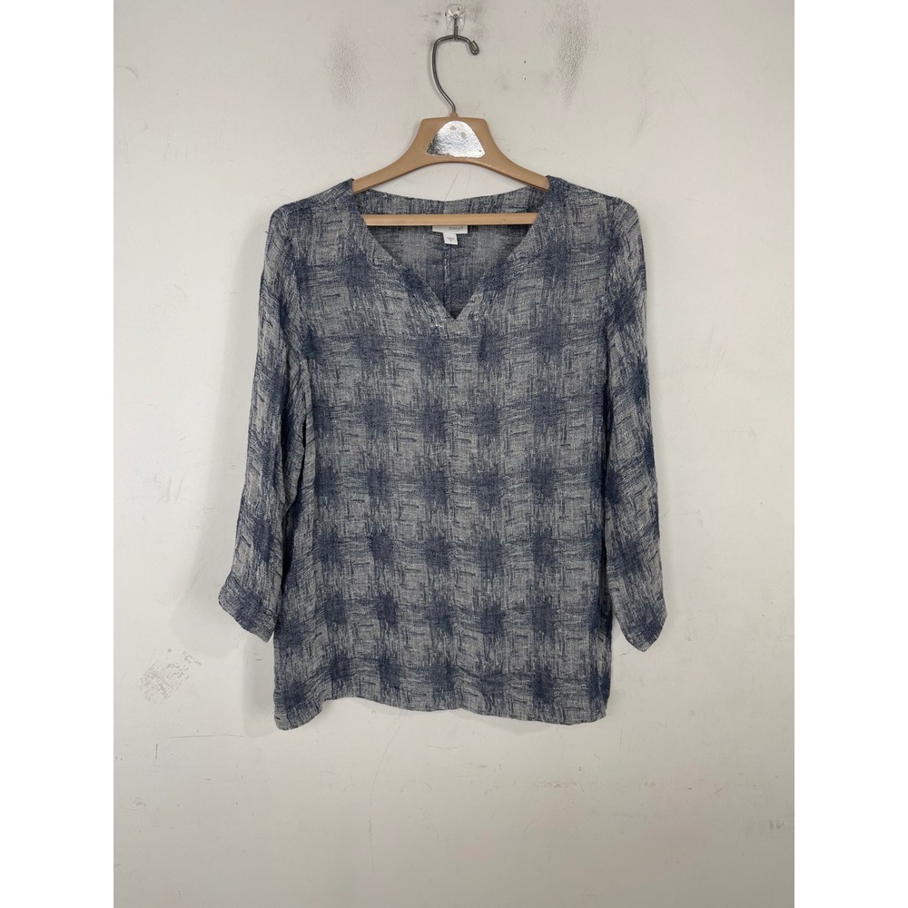 Pure Jill J Jill Blue Grey Abstract Grid Linen Blend V-Neck Tunic Top Lagenlook